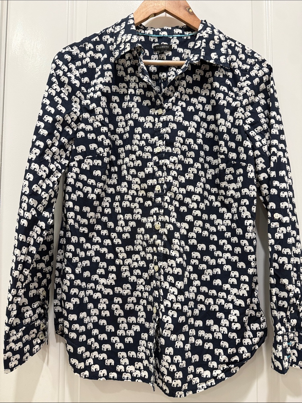 Talbots Navy Shirt with White Elephant Print